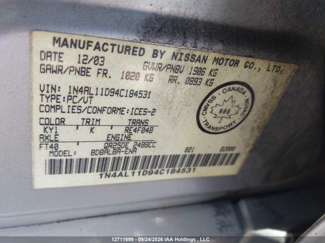 Продажа на аукционе авто 2004 Nissan Altima S/sl, vin: 1N4AL11D94C184531, номер лота: 12711699