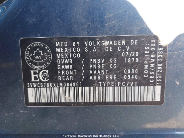 12711703 :رقم المزاد ، 3VWCB7BUXLM064965 vin ، 2020 Volkswagen Jetta Comfortline مزاد بيع