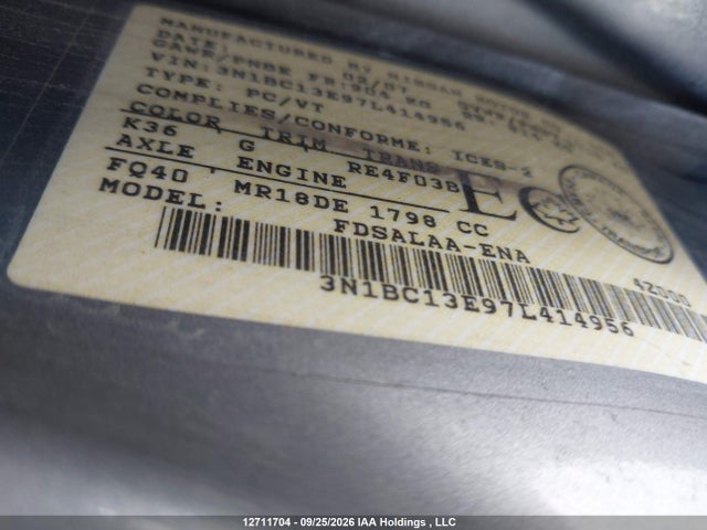 Продажа на аукционе авто 2007 Nissan Versa, vin: 3N1BC13E97L414956, номер лота: 12711704
