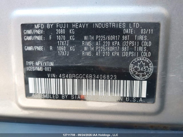 12711708 :رقم المزاد ، 4S4BRGGC6B3406823 vin ، 2011 Subaru Outback 2.5 I Limited Package مزاد بيع