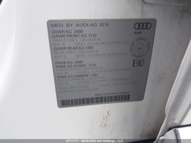 Продажа на аукционе авто 2016 Audi Q5, vin: WA1L2AFP4GA104684, номер лота: 12711717