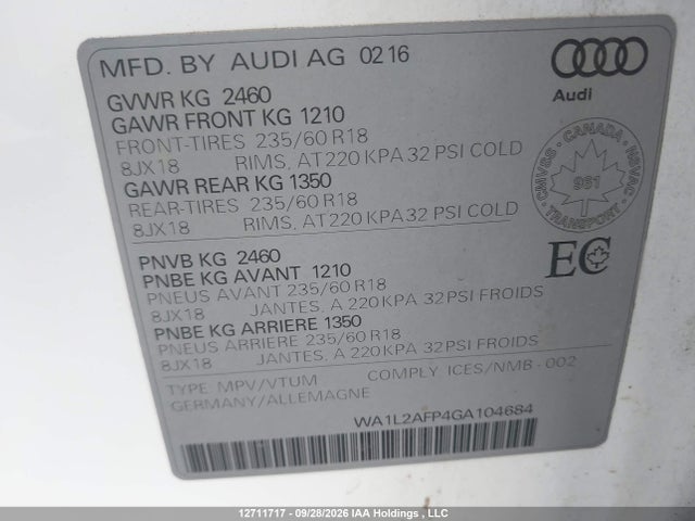 Продажа на аукционе авто 2016 Audi Q5, vin: WA1L2AFP4GA104684, номер лота: 12711717