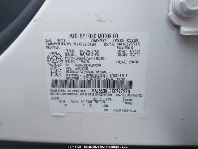 12711728 :رقم المزاد ، MAJ6S3KL3KC297270 vin ، 2019 Ford Ecosport مزاد بيع
