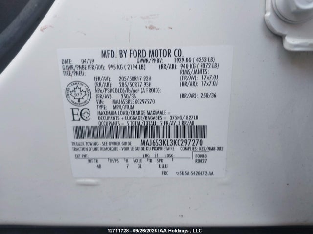 12711728 :رقم المزاد ، MAJ6S3KL3KC297270 vin ، 2019 Ford Ecosport مزاد بيع
