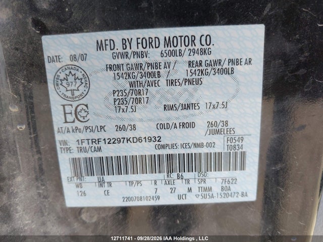 Продажа на аукционе авто 2007 Ford F-150 Stx/xl/xlt, vin: 1FTRF12297KD61932, номер лота: 12711741
