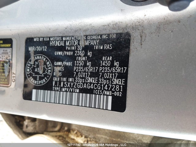 12711742 :رقم المزاد ، 5XYZGDAG4CG147281 vin ، 2012 Hyundai Santa Fe Gl 3.5 مزاد بيع