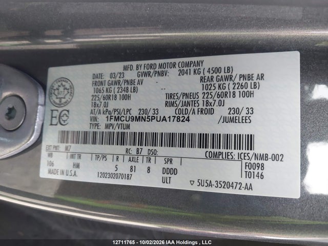 Продаж на аукціоні авто 2023 Ford Escape St-line, vin: 1FMCU9MN5PUA17824, номер лоту: 12711765