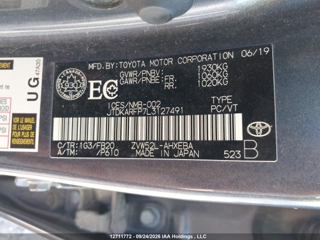 2020 Toyota Prius Prime მანქანა იყიდება აუქციონზე, vin: JTDKARFP7L3127491, აუქციონის ნომერი: 12711772