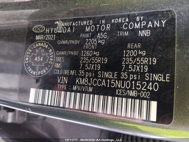 Продажа на аукционе авто 2022 Hyundai Tucson, vin: KM8JCCA15NU015240, номер лота: 12711777