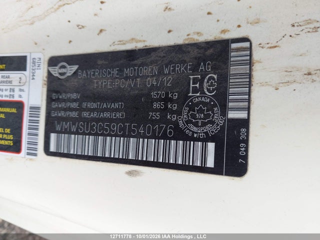 Продажа на аукционе авто 2012 Mini Cooper, vin: WMWSU3C59CT540176, номер лота: 12711778