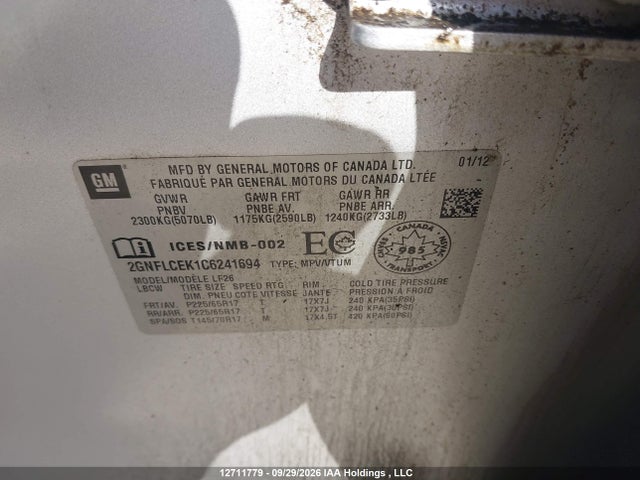 Продаж на аукціоні авто 2012 Chevrolet Equinox Ls, vin: 2GNFLCEK1C6241694, номер лоту: 12711779