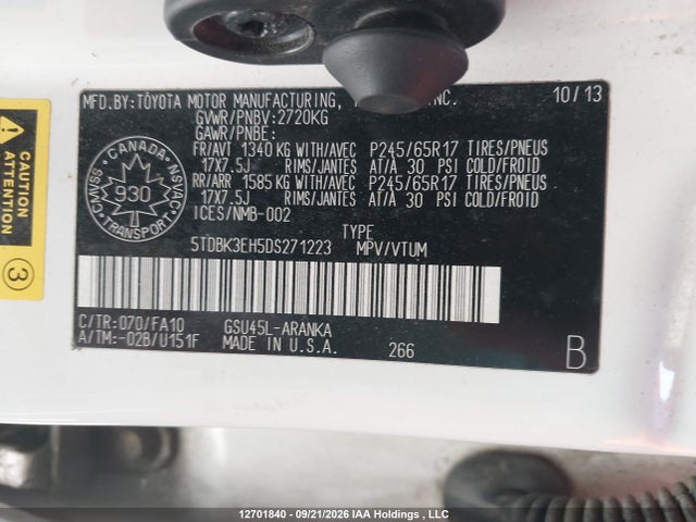 Aukcja sprzedaży 2013 Toyota Highlander V6, vin: 5TDBK3EH5DS271223, numer aukcji: 12701840