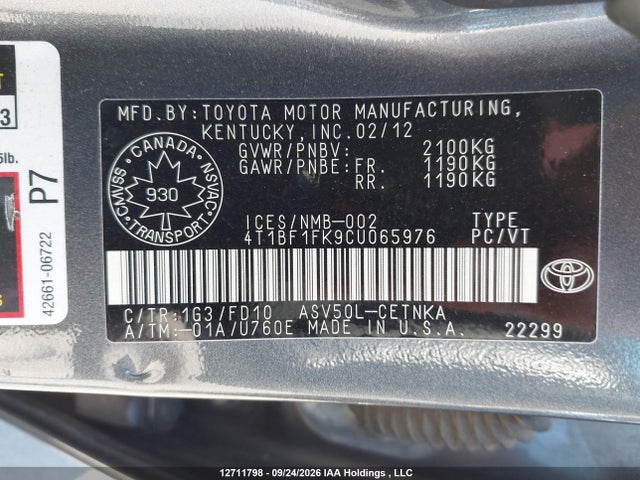 Aukcja sprzedaży 2012 Toyota Camry Se/le/xle, vin: 4T1BF1FK9CU065976, numer aukcji: 12711798