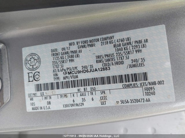 12711813 :رقم المزاد ، 1FMCU9HD6JUA12883 vin ، 2018 Ford Escape Sel مزاد بيع