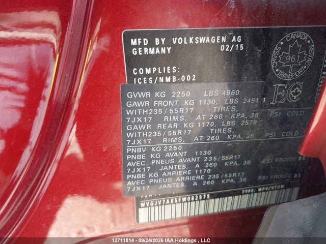 Продажа на аукционе авто 2015 Volkswagen Tiguan S/se/sel/r-line, vin: WVGJV7AX5FW082979, номер лота: 12711814