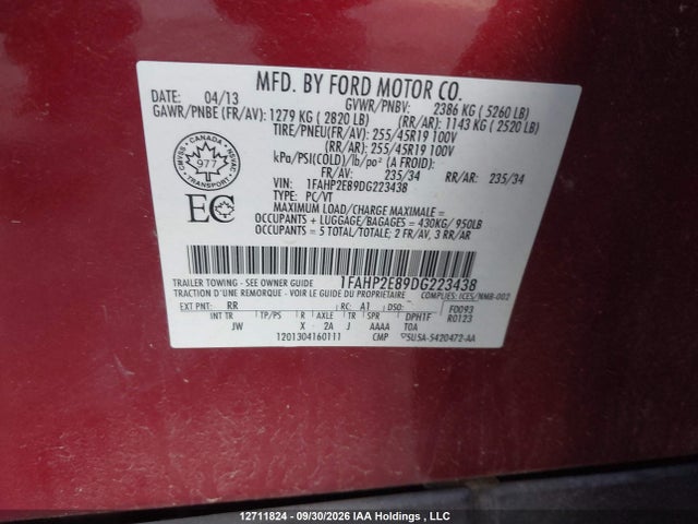 12711824 :رقم المزاد ، 1FAHP2E89DG223438 vin ، 2013 Ford Taurus Sel مزاد بيع
