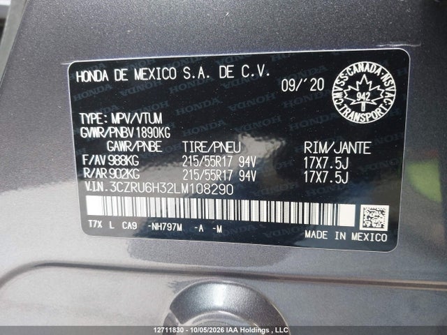 3CZRU6H32LM108290 Honda HR-V LX