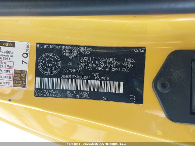 12711841 :رقم المزاد ، JTEBU11F670003562 vin ، 2007 Toyota Fj Cruiser مزاد بيع