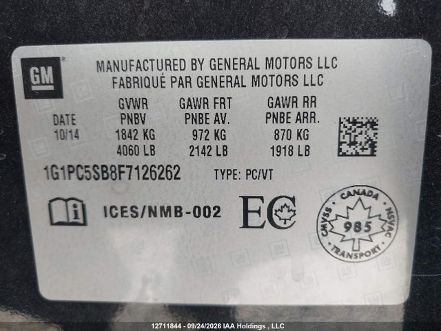 2015 Chevrolet Cruze Lt მანქანა იყიდება აუქციონზე, vin: 1G1PC5SB8F7126262, აუქციონის ნომერი: 12711844