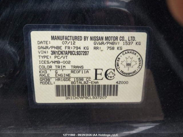 Продаж на аукціоні авто 2012 Nissan Versa, vin: 3N1CN7AP8CL937207, номер лоту: 12711860