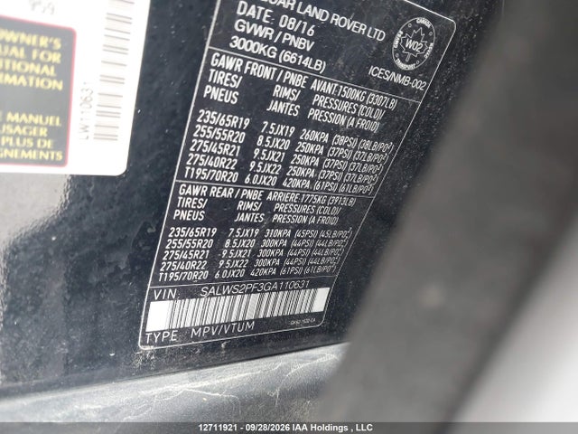 12711921 :رقم المزاد ، SALWS2PF3GA110631 vin ، 2016 Land Rover Range Rover Sport Hst مزاد بيع