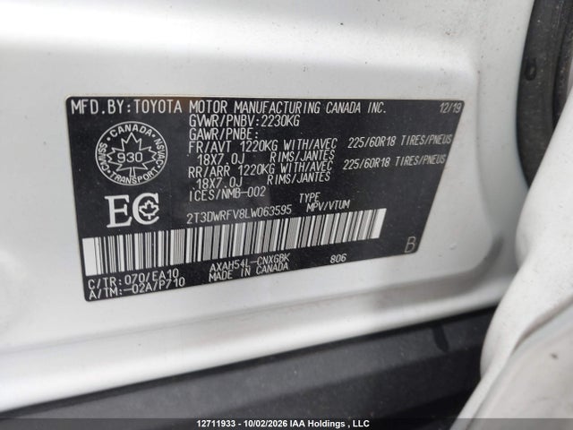 12711933 :رقم المزاد ، 2T3DWRFV8LW063595 vin ، 2020 Toyota Rav4 Limited مزاد بيع