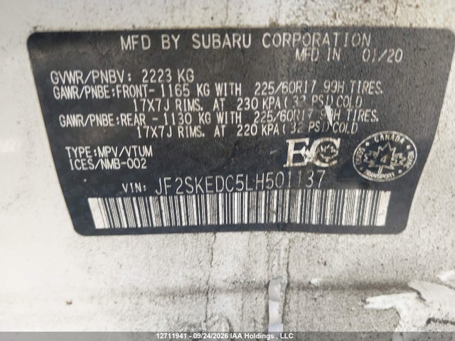 12711941 :رقم المزاد ، JF2SKEDC5LH501137 vin ، 2020 Subaru Forester Premium مزاد بيع