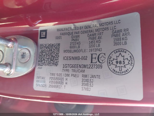 Продаж на аукціоні авто 2021 Gmc Canyon Denali, vin: 1GTG6EEN3M1227309, номер лоту: 12711959