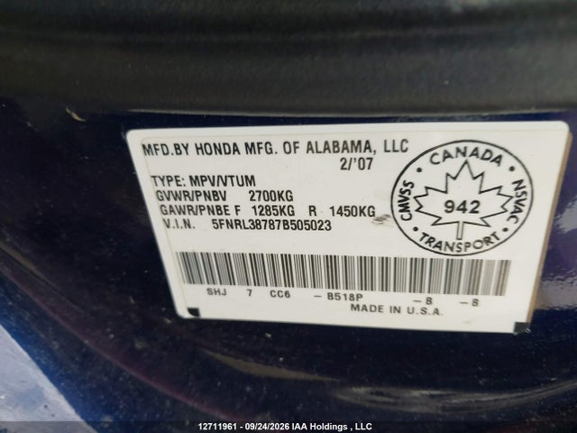 Aukcja sprzedaży 2007 Honda Odyssey Exl, vin: 5FNRL38787B505023, numer aukcji: 12711961