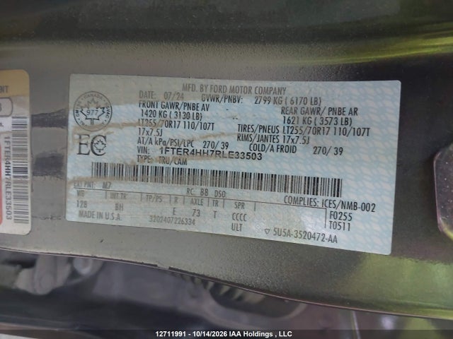 12711991 :رقم المزاد ، 1FTER4HH7RLE33503 vin ، 2024 Ford Ranger Xlt مزاد بيع