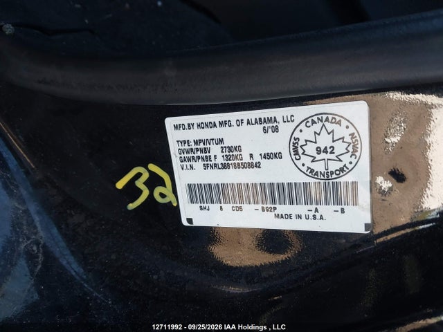 2008 Honda Odyssey Touring მანქანა იყიდება აუქციონზე, vin: 5FNRL38818B508842, აუქციონის ნომერი: 12711992