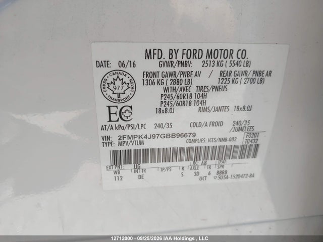 2016 Ford Edge Sel მანქანა იყიდება აუქციონზე, vin: 2FMPK4J97GBB96679, აუქციონის ნომერი: 12712000