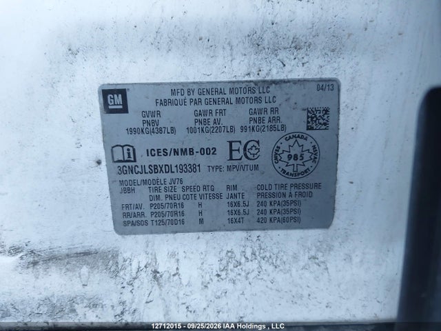 Продаж на аукціоні авто 2013 Chevrolet Trax, vin: 3GNCJLSBXDL193381, номер лоту: 12712015