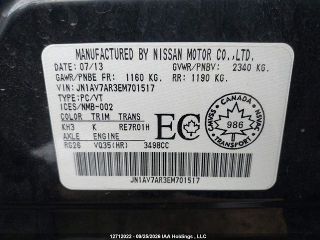 2014 Infiniti Q50 Hybrid Premium მანქანა იყიდება აუქციონზე, vin: JN1AV7AR3EM701517, აუქციონის ნომერი: 12712022