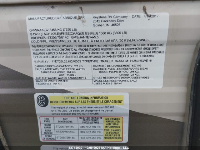 Продажа на аукционе авто 2018 Keystone Hideout, vin: 4YDT26L22JN240353, номер лота: 12712030