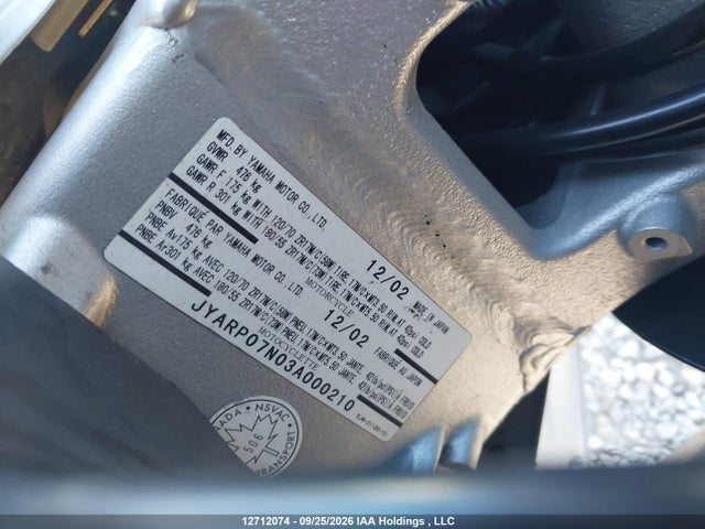 2003 Yamaha Fjr1300 მანქანა იყიდება აუქციონზე, vin: JYARP07N03A000210, აუქციონის ნომერი: 12712074