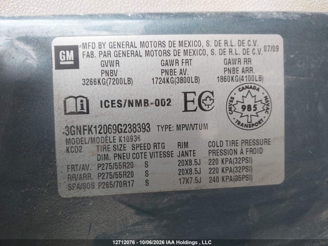 Продажа на аукционе авто 2009 Chevrolet Avalanche Ls/ltz, vin: 3GNFK12069G238393, номер лота: 12712076
