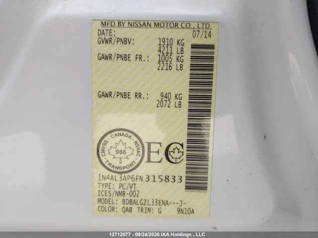 1N4AL3AP6FN315833 Nissan Altima 2.5/s/sv/sl
