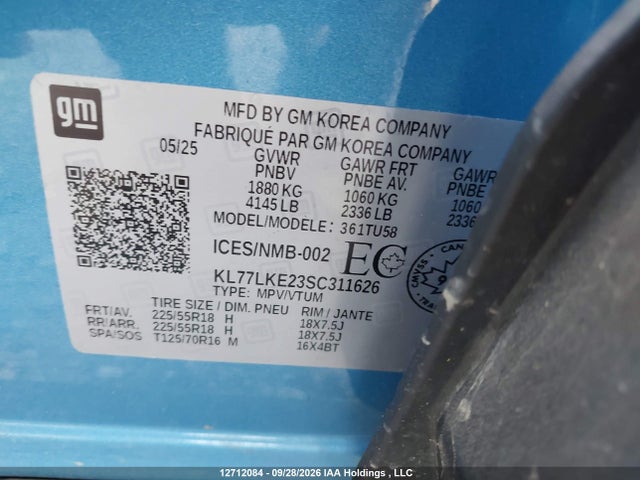 2025 Chevrolet Trax Activ Fwd მანქანა იყიდება აუქციონზე, vin: KL77LKE23SC311626, აუქციონის ნომერი: 12712084