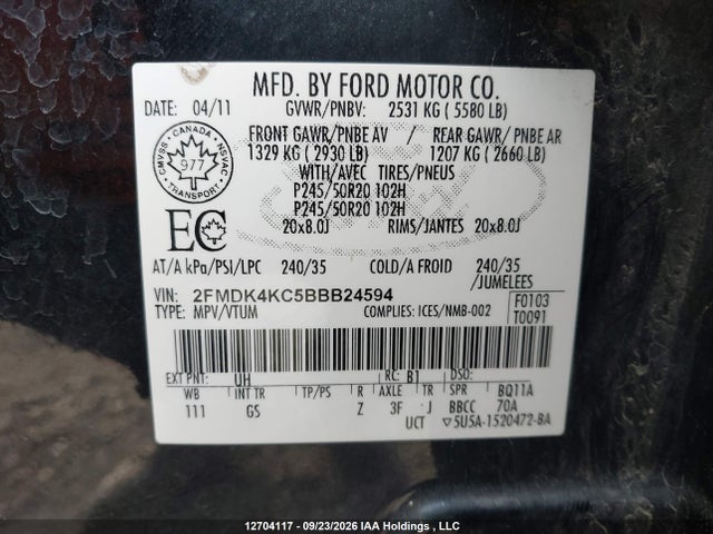 Продаж на аукціоні авто 2011 Ford Edge Limited, vin: 2FMDK4KC5BBB24594, номер лоту: 12704117