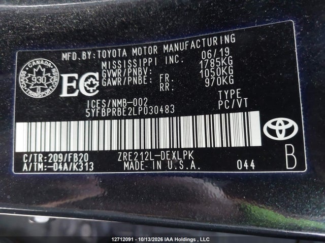 Aukcja sprzedaży 2020 Toyota Corolla Le, vin: 5YFBPRBE2LP030483, numer aukcji: 12712091