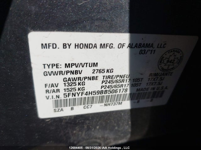 12684405 :رقم المزاد ، 5FNYF4H59BB506178 vin ، 2011 Honda Pilot Ex-l مزاد بيع