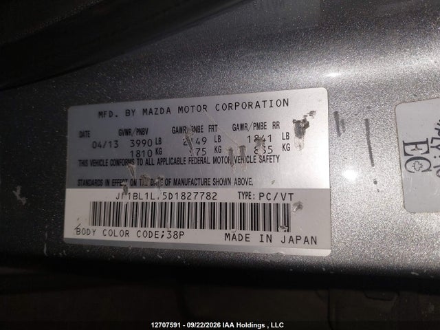 Aukcja sprzedaży 2013 Mazda Mazda3 Gs-sky, vin: JM1BL1L75D1827782, numer aukcji: 12707591