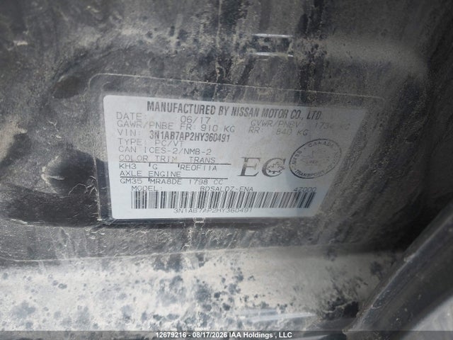 12679216 :رقم المزاد ، 3N1AB7AP2HY360491 vin ، 2017 Nissan Sentra 1.8 S/1.8 Sl/1.8 Sv مزاد بيع