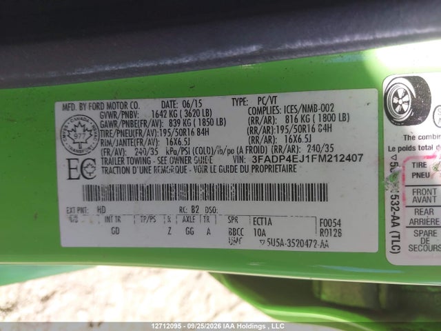 Продажа на аукционе авто 2015 Ford Fiesta Se, vin: 3FADP4EJ1FM212407, номер лота: 12712095