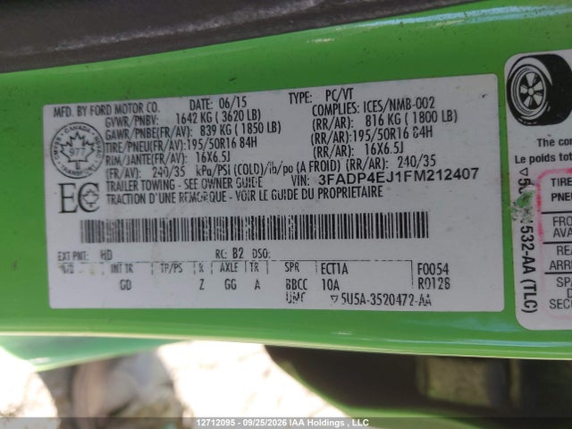 Продажа на аукционе авто 2015 Ford Fiesta Se, vin: 3FADP4EJ1FM212407, номер лота: 12712095