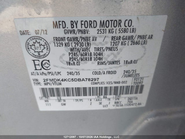Aukcja sprzedaży 2013 Ford Edge Limited, vin: 2FMDK4KC5DBA78297, numer aukcji: 12712097