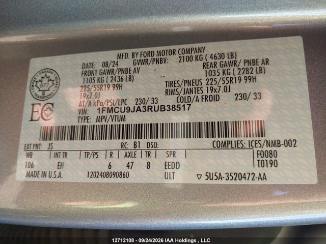 Aukcja sprzedaży 2024 Ford Escape Platinum, vin: 1FMCU9JA3RUB38517, numer aukcji: 12712108