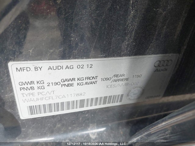 Aukcja sprzedaży 2012 Audi A4 Quattro, vin: WAUHFCFL7CA117882, numer aukcji: 12712117