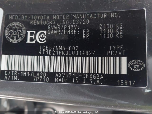 4T1B21HK0LU014827 Toyota Camry Xle/se